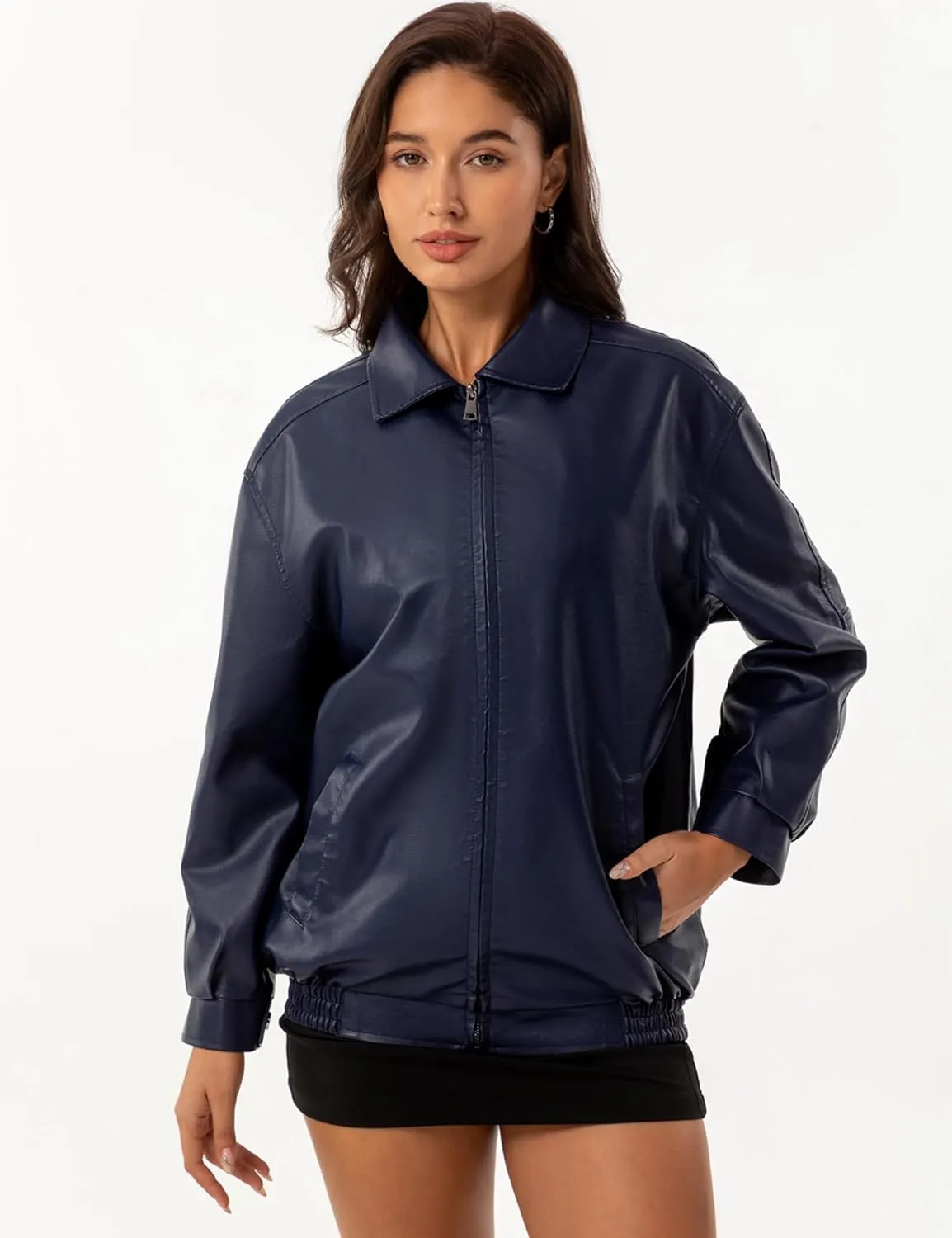 Leather Jacket Women Oversized Faux Motorcycle Bomber Jackets Fall Fashion Outfits 2024 Winter Clothes with Pocket