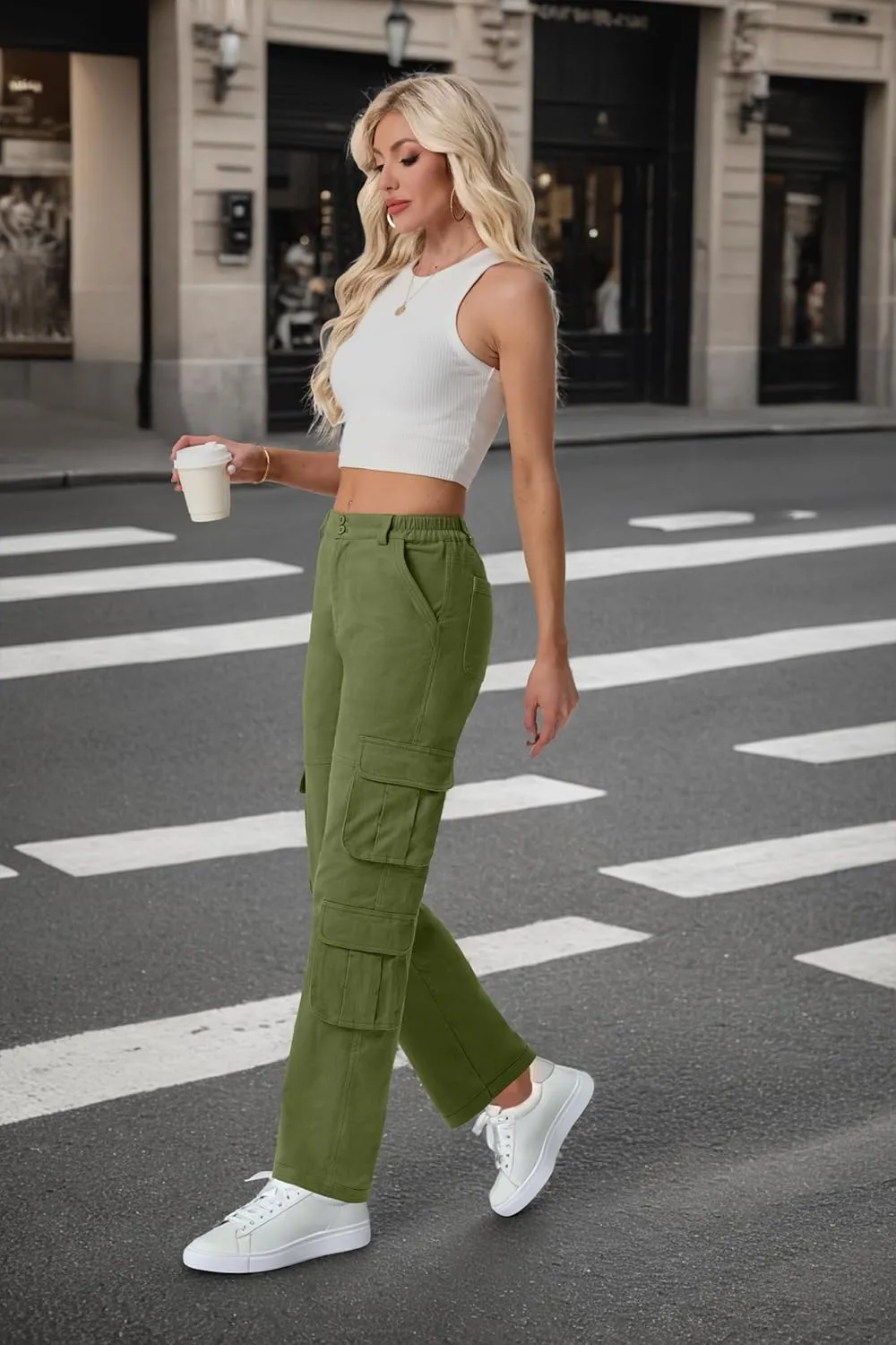 Lepunuo Womens High Waisted Cargo Pants Baggy Stretchy Cotton Wide Leg Casual Y2K Trousers with 7 Pockets
