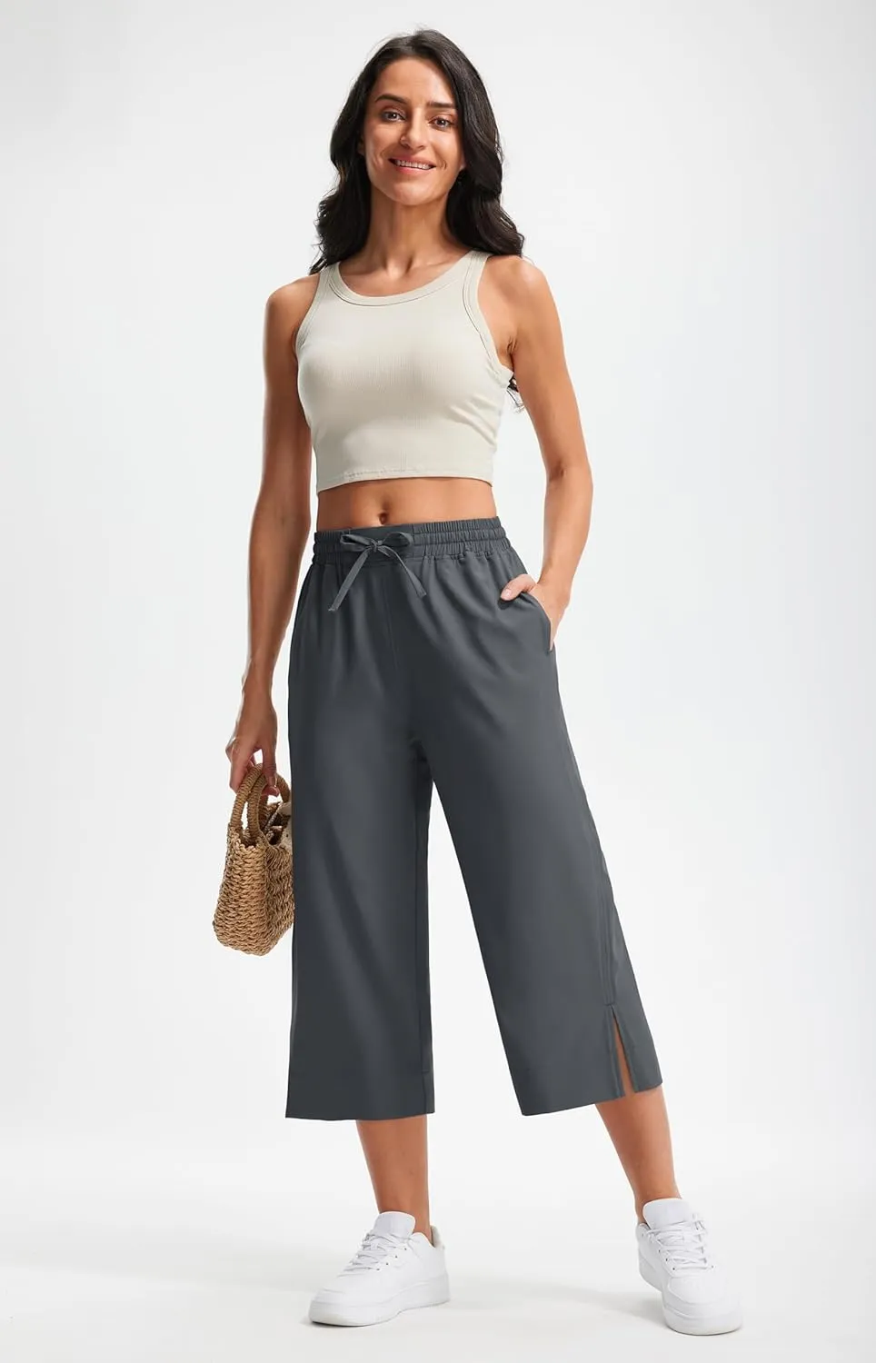 Libin Lightweight Wide Leg Capri Pants for Women High Waisted Quick Dry Casual Travel Pants Loose with Pockets Walking