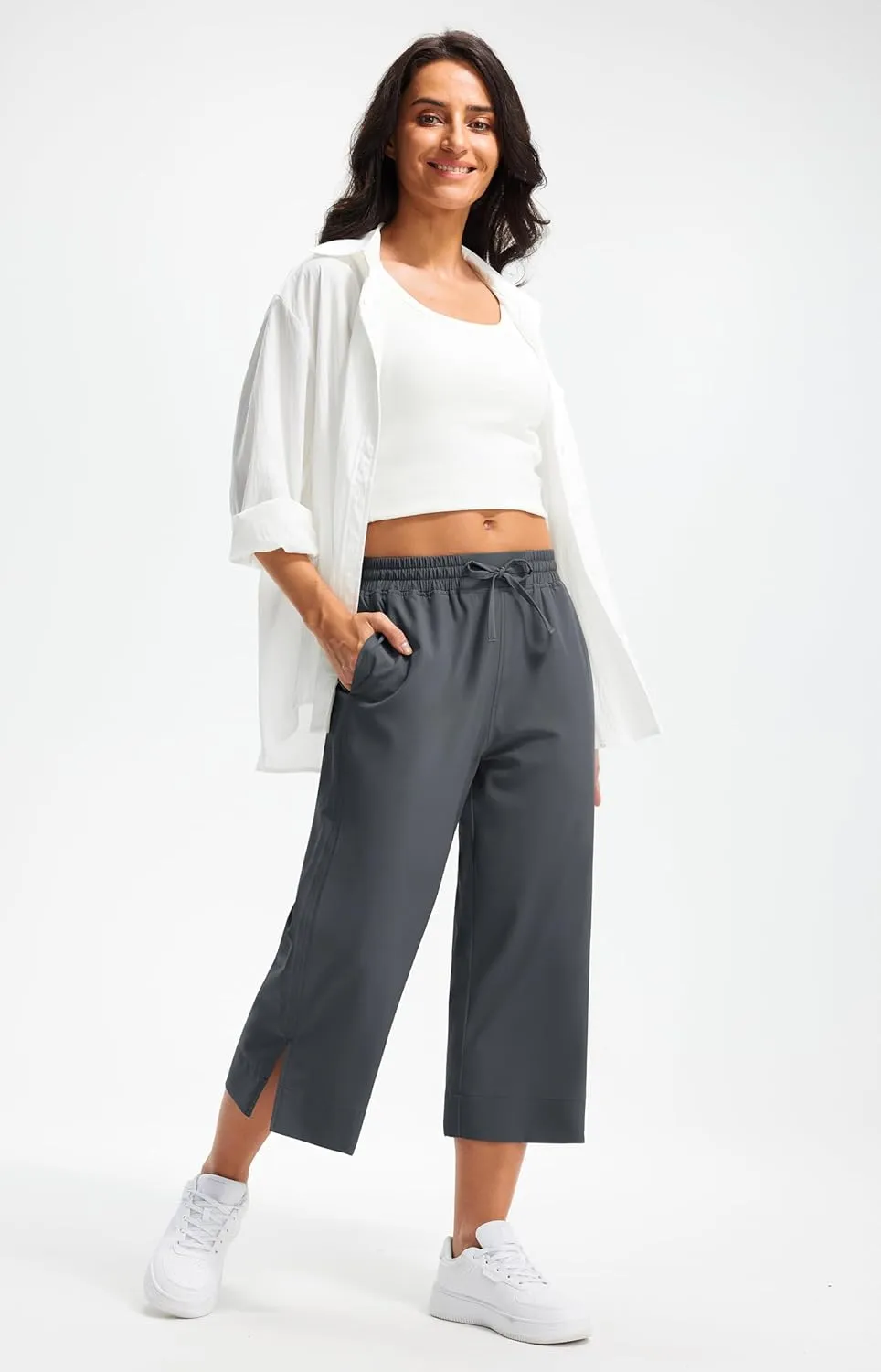 Libin Lightweight Wide Leg Capri Pants for Women High Waisted Quick Dry Casual Travel Pants Loose with Pockets Walking