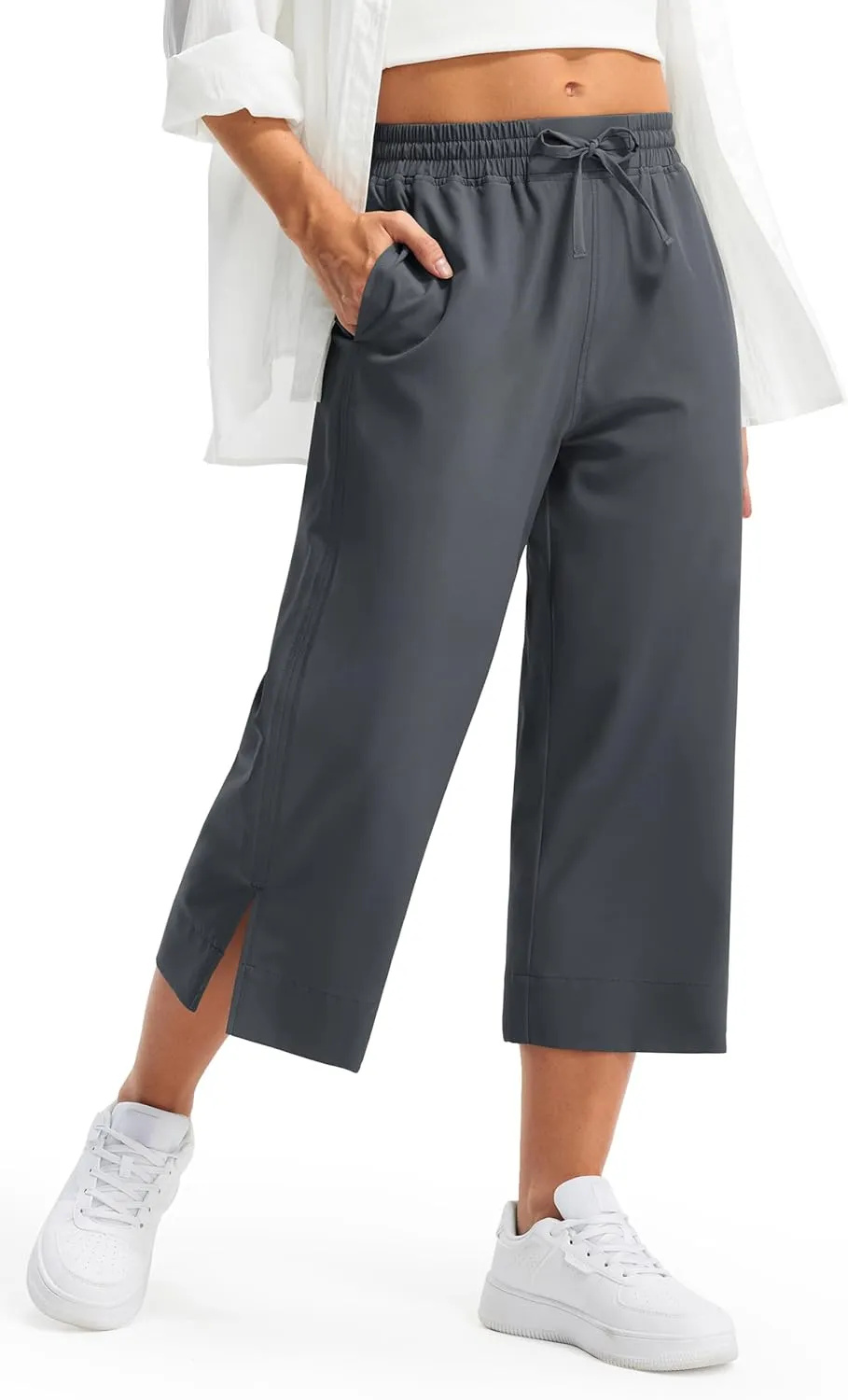 Libin Lightweight Wide Leg Capri Pants for Women High Waisted Quick Dry Casual Travel Pants Loose with Pockets Walking