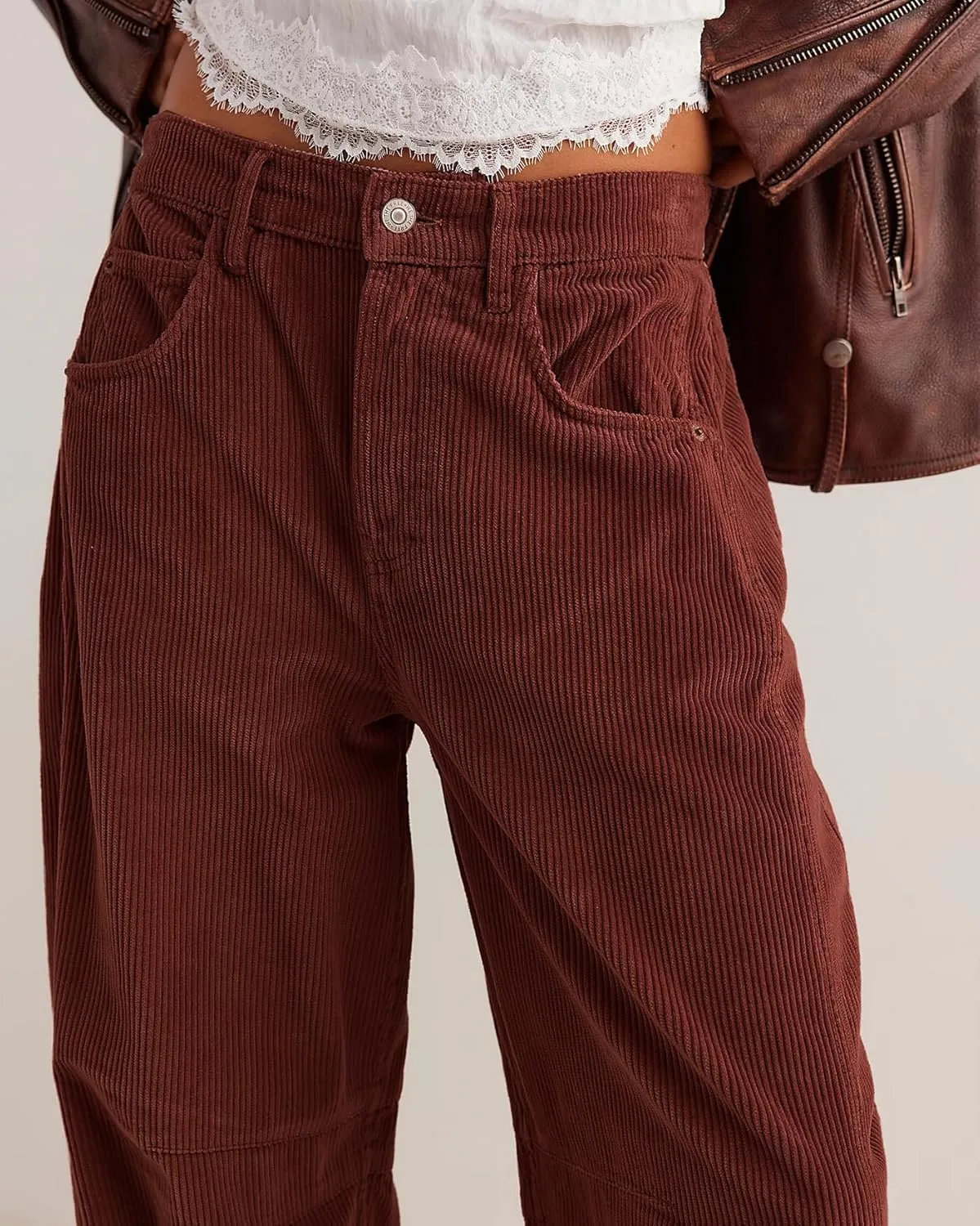 LifeShe Corduroy Pants Women Loose Mid Rise Barrel Pants Elastic Wide Leg Baggy Trouser with Pockets