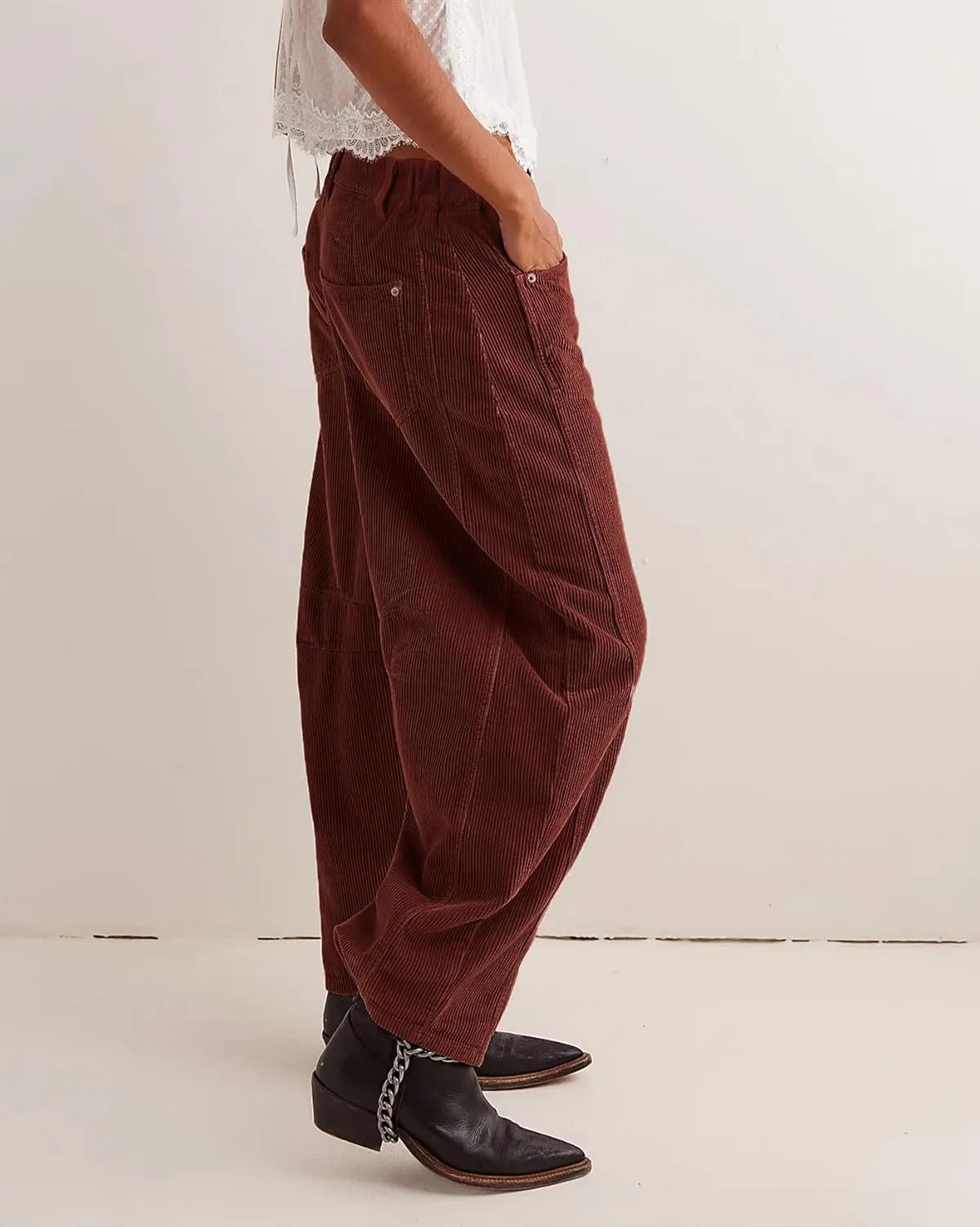 LifeShe Corduroy Pants Women Loose Mid Rise Barrel Pants Elastic Wide Leg Baggy Trouser with Pockets
