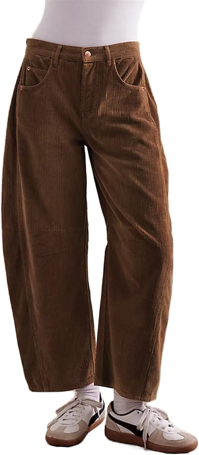 LifeShe Corduroy Pants Women Loose Mid Rise Barrel Pants Elastic Wide Leg Baggy Trouser with Pockets