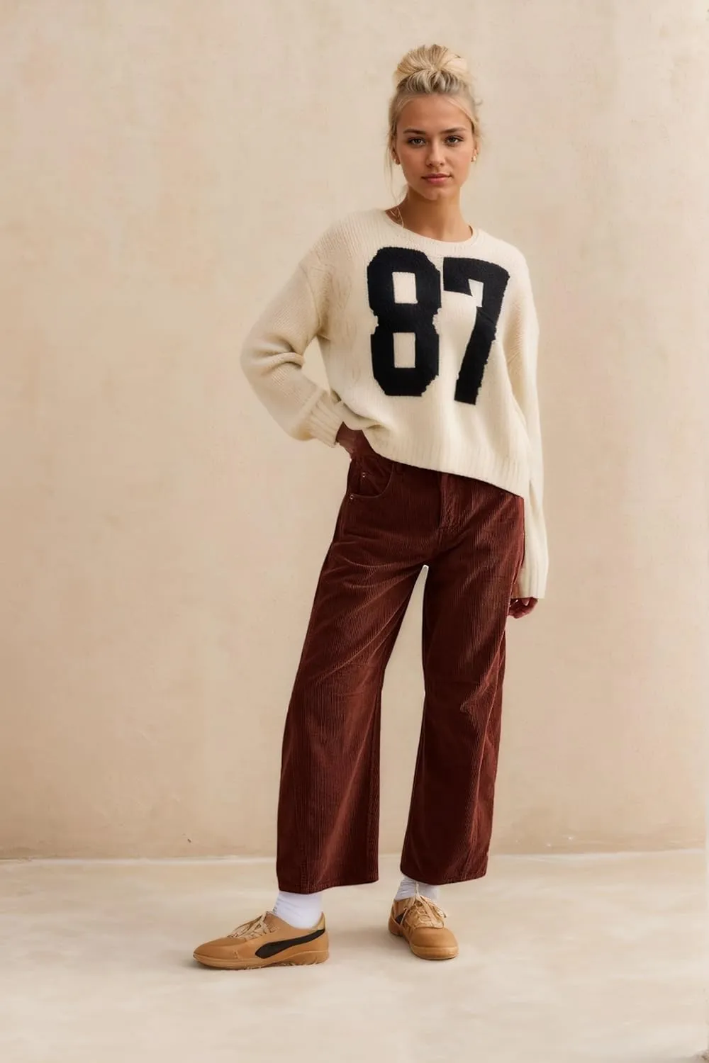 LifeShe Corduroy Pants Women Loose Mid Rise Barrel Pants Elastic Wide Leg Baggy Trouser with Pockets