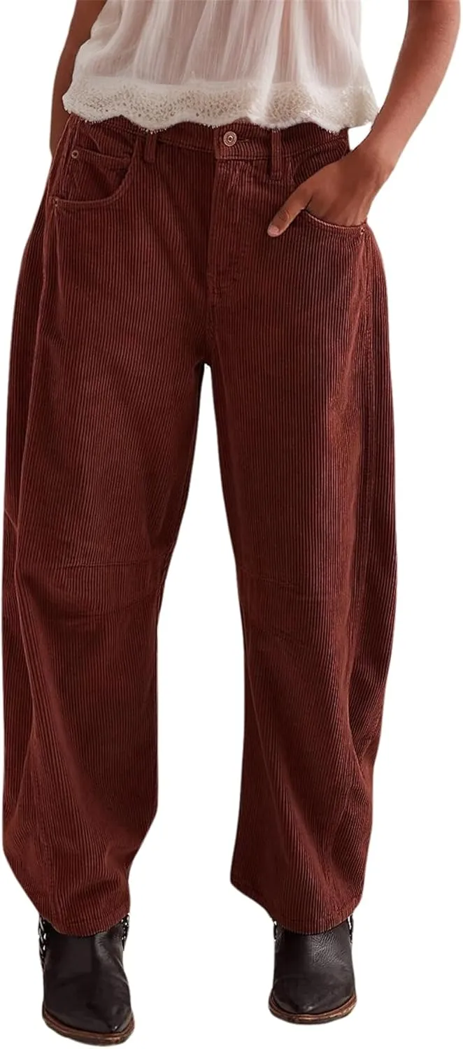 LifeShe Corduroy Pants Women Loose Mid Rise Barrel Pants Elastic Wide Leg Baggy Trouser with Pockets