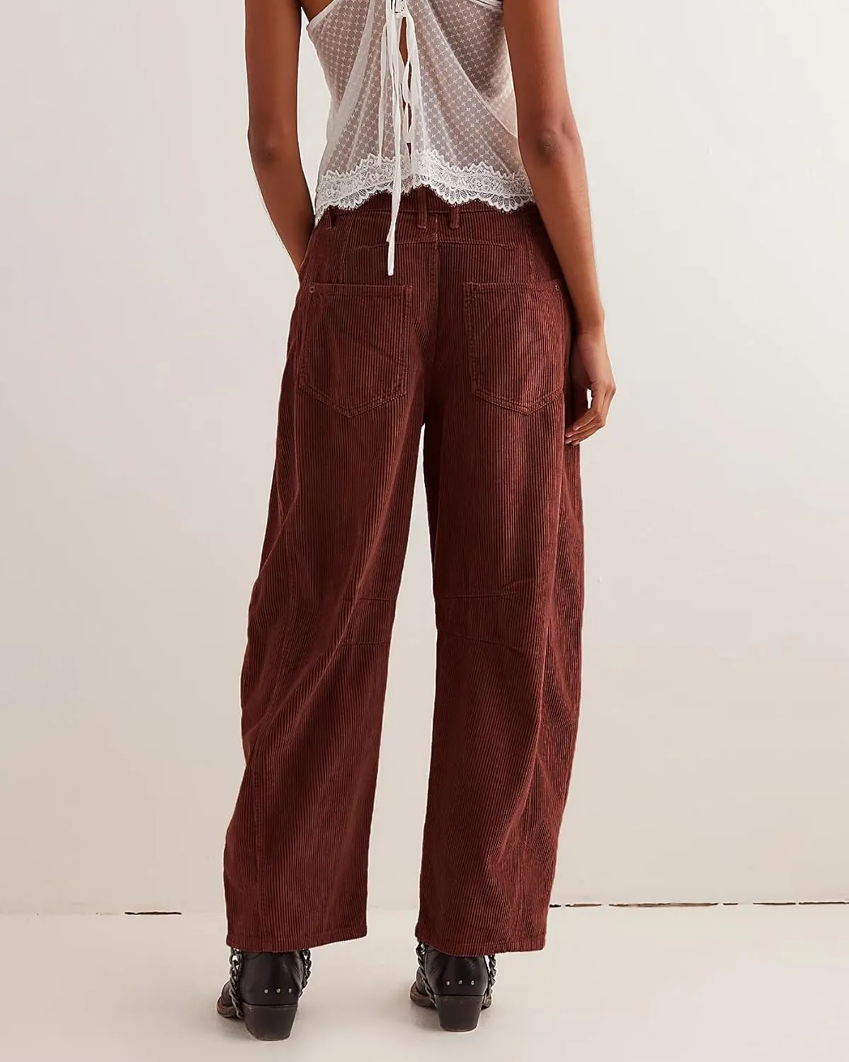 LifeShe Corduroy Pants Women Loose Mid Rise Barrel Pants Elastic Wide Leg Baggy Trouser with Pockets