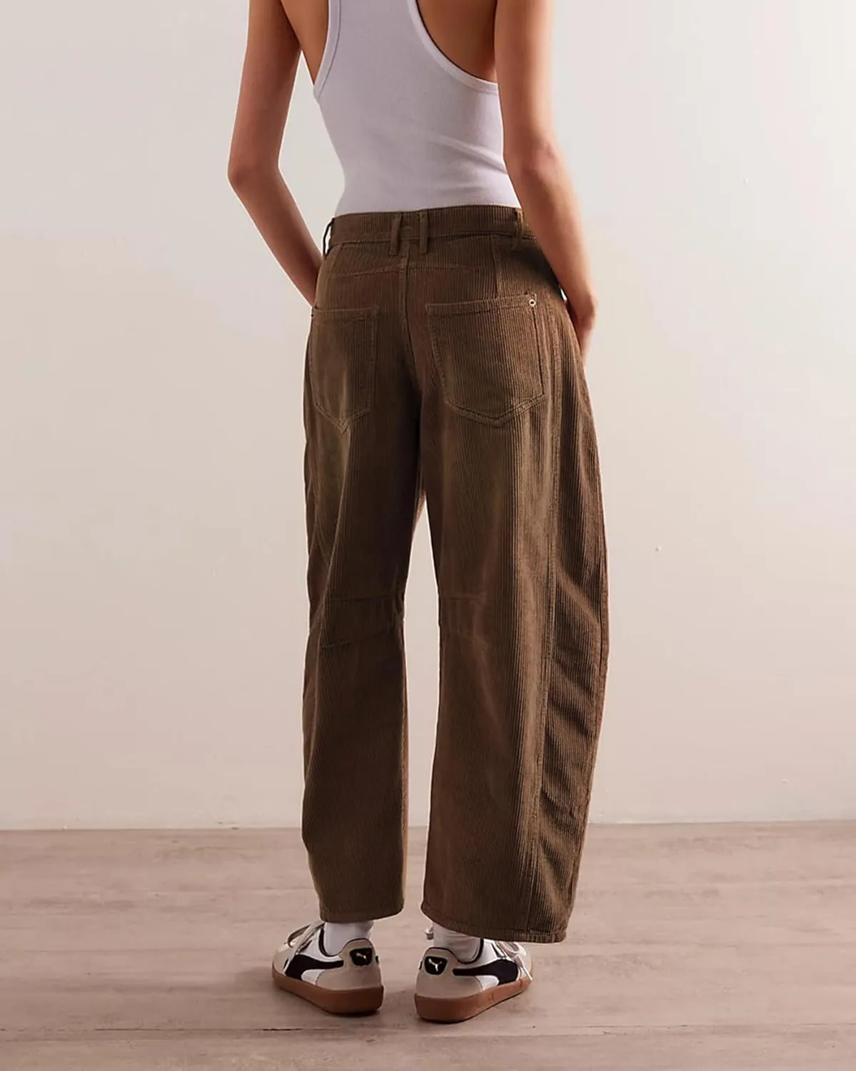 LifeShe Corduroy Pants Women Loose Mid Rise Barrel Pants Elastic Wide Leg Baggy Trouser with Pockets