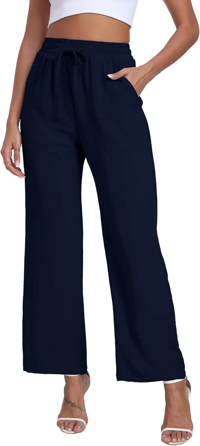 LIGHTBACK Women's Wide Leg Palazzo Pants with Pockets Loose Casual Lounge Pants Comfy Drawstring Work Trousers