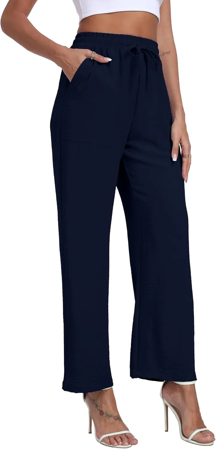 LIGHTBACK Women's Wide Leg Palazzo Pants with Pockets Loose Casual Lounge Pants Comfy Drawstring Work Trousers