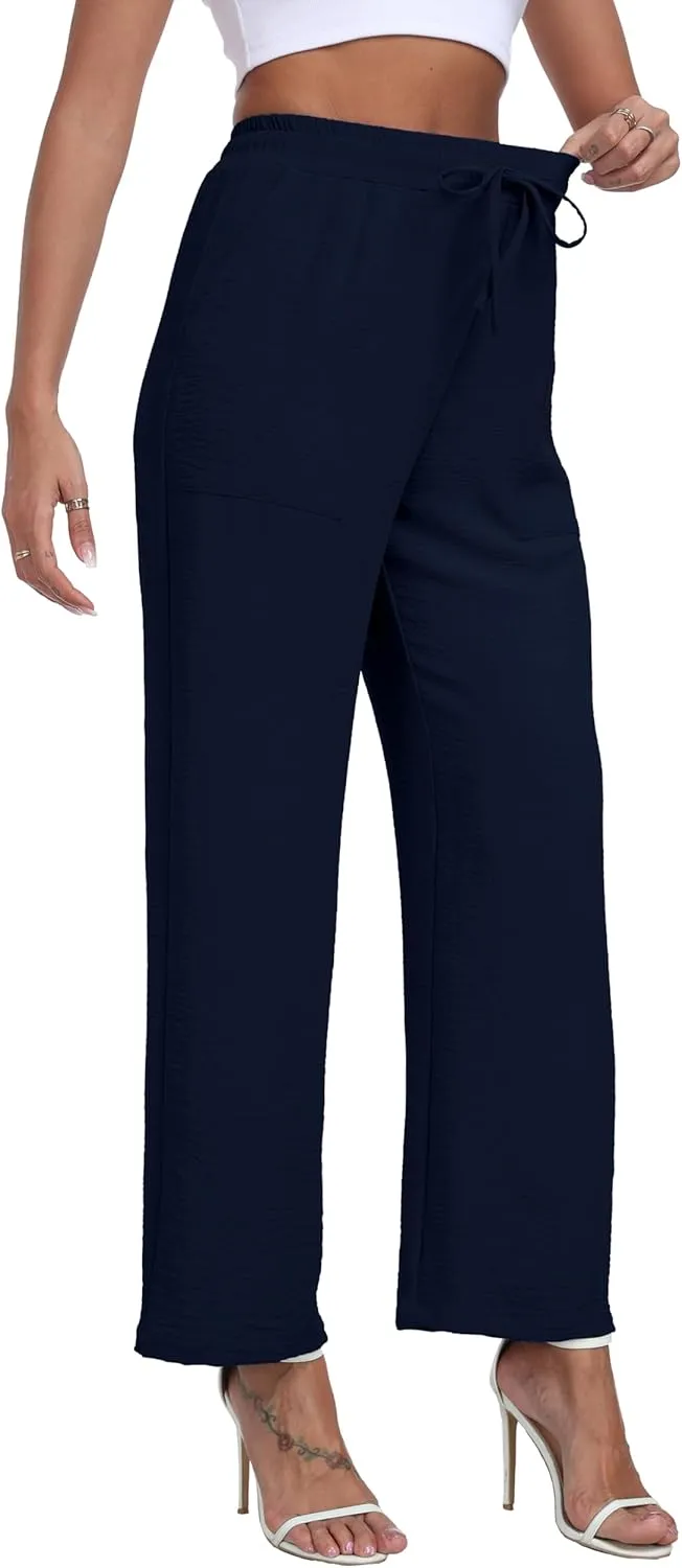 LIGHTBACK Women's Wide Leg Palazzo Pants with Pockets Loose Casual Lounge Pants Comfy Drawstring Work Trousers