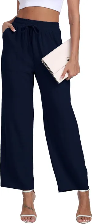 LIGHTBACK Women's Wide Leg Palazzo Pants with Pockets Loose Casual Lounge Pants Comfy Drawstring Work Trousers