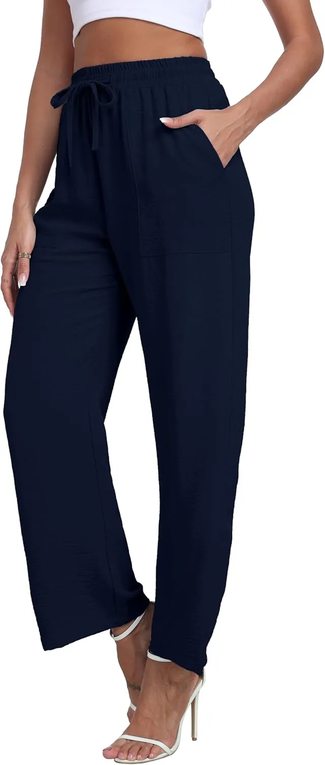 LIGHTBACK Women's Wide Leg Palazzo Pants with Pockets Loose Casual Lounge Pants Comfy Drawstring Work Trousers