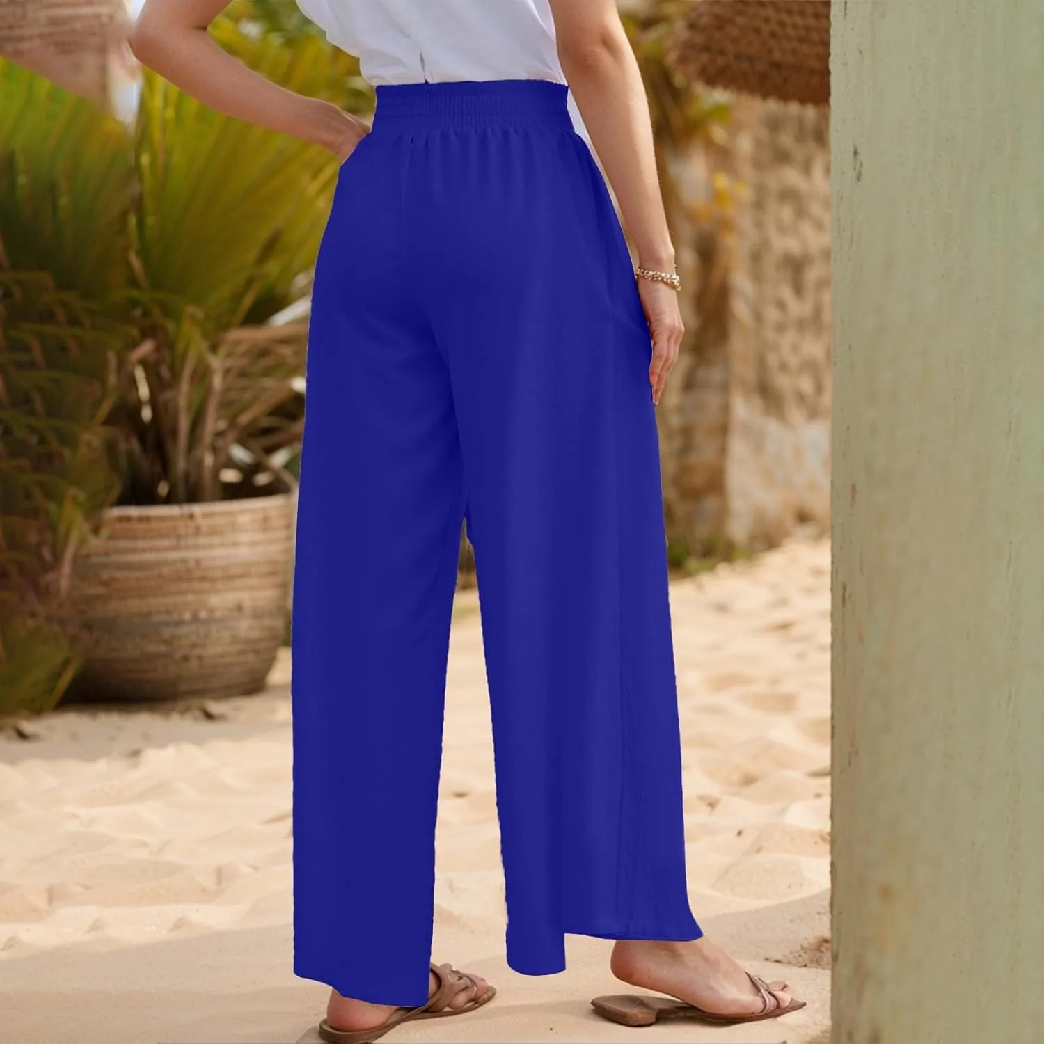 Linen Palazzo Pants for Women Casual Summer Smocked Elastic High Waisted Wide Leg Pants Loose Vacation Beach Trousers