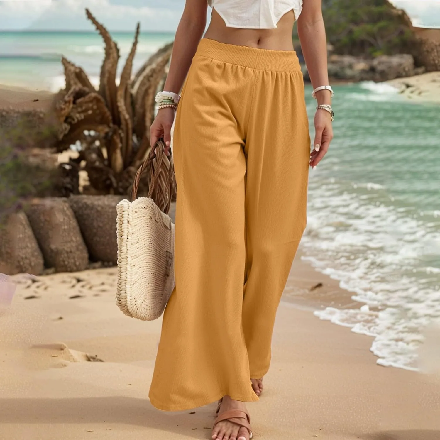 Linen Palazzo Pants for Women Casual Summer Smocked Elastic High Waisted Wide Leg Pants Loose Vacation Beach Trousers