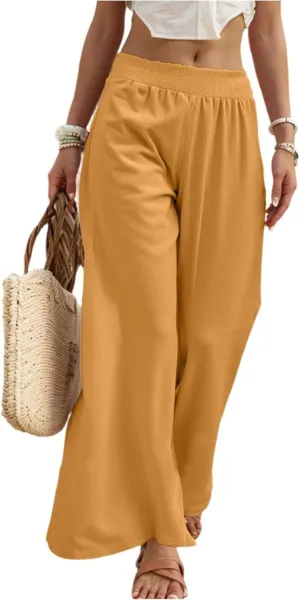 Linen Palazzo Pants for Women Casual Summer Smocked Elastic High Waisted Wide Leg Pants Loose Vacation Beach Trousers