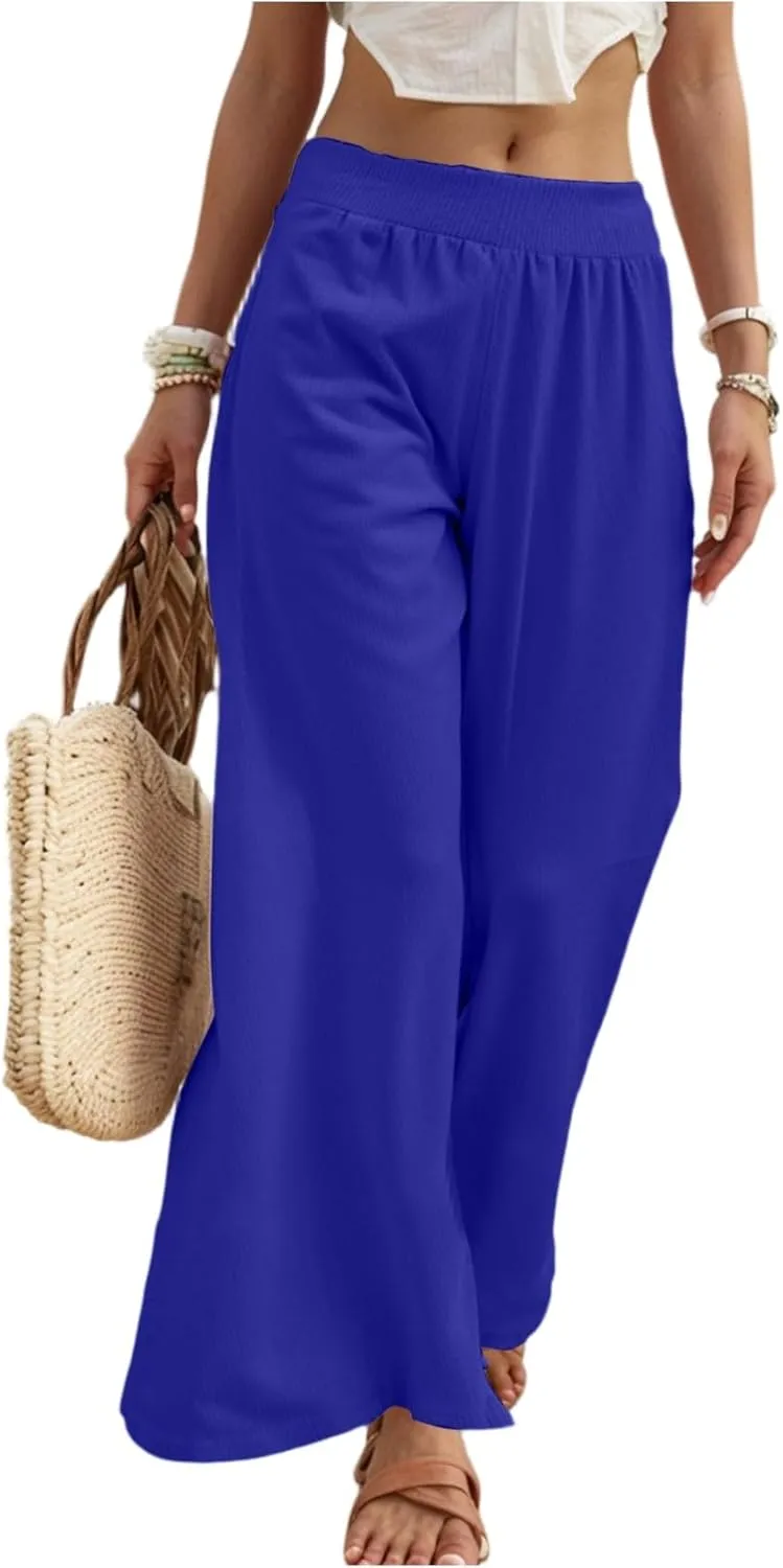 Linen Palazzo Pants for Women Casual Summer Smocked Elastic High Waisted Wide Leg Pants Loose Vacation Beach Trousers