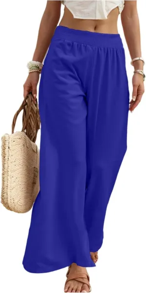 Linen Palazzo Pants for Women Casual Summer Smocked Elastic High Waisted Wide Leg Pants Loose Vacation Beach Trousers