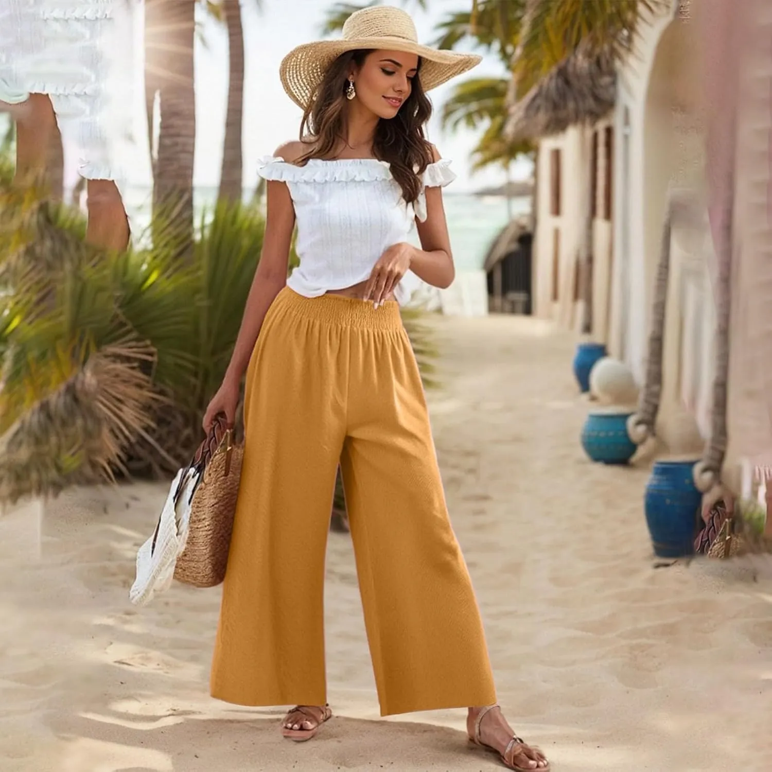 Linen Palazzo Pants for Women Casual Summer Smocked Elastic High Waisted Wide Leg Pants Loose Vacation Beach Trousers