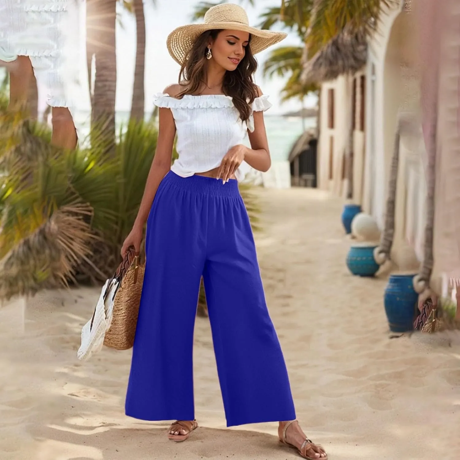 Linen Palazzo Pants for Women Casual Summer Smocked Elastic High Waisted Wide Leg Pants Loose Vacation Beach Trousers
