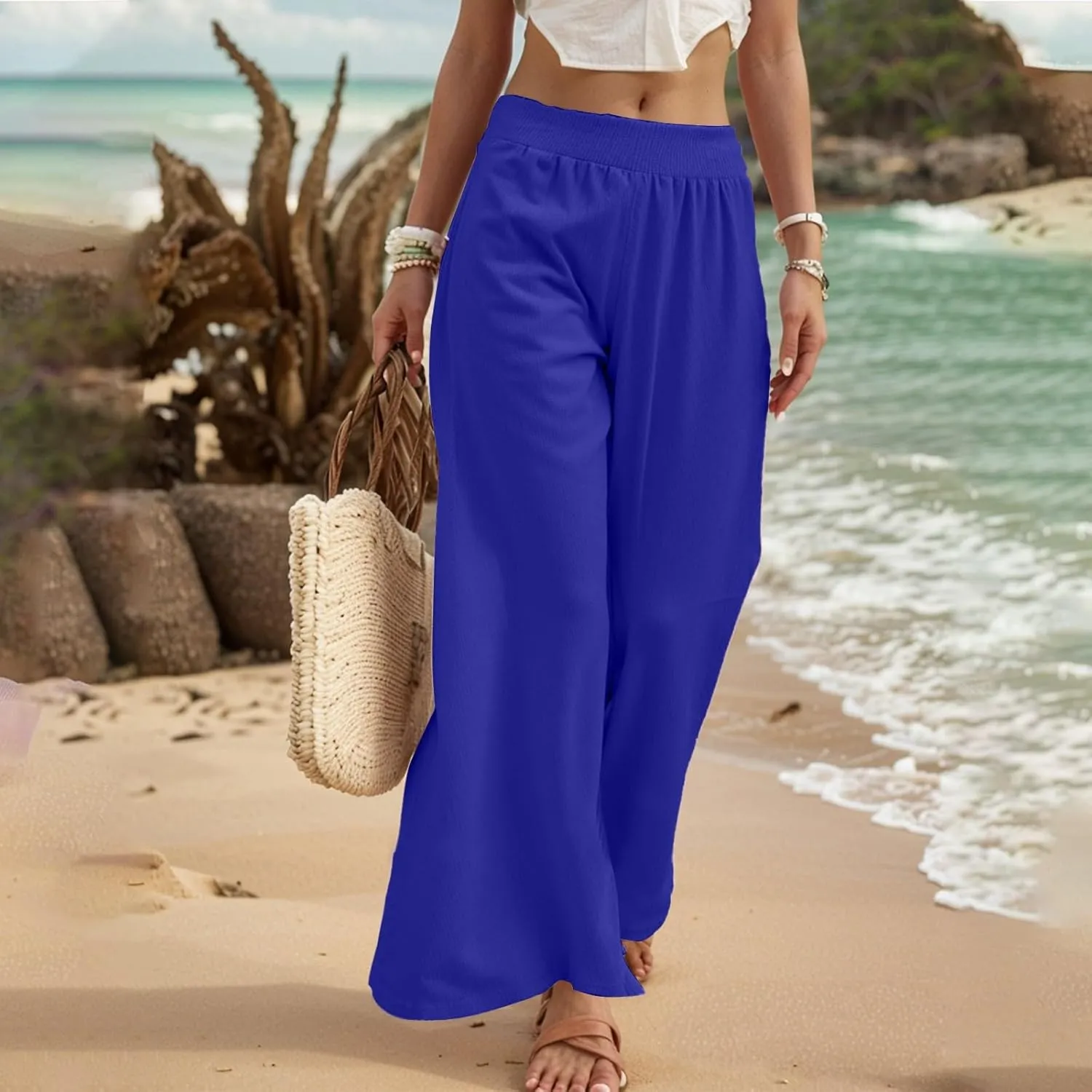 Linen Palazzo Pants for Women Casual Summer Smocked Elastic High Waisted Wide Leg Pants Loose Vacation Beach Trousers