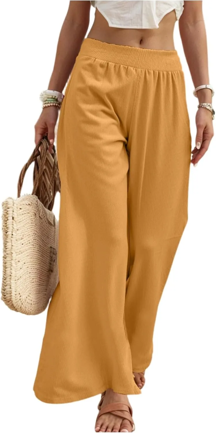 Linen Palazzo Pants for Women Casual Summer Smocked Elastic High Waisted Wide Leg Pants Loose Vacation Beach Trousers