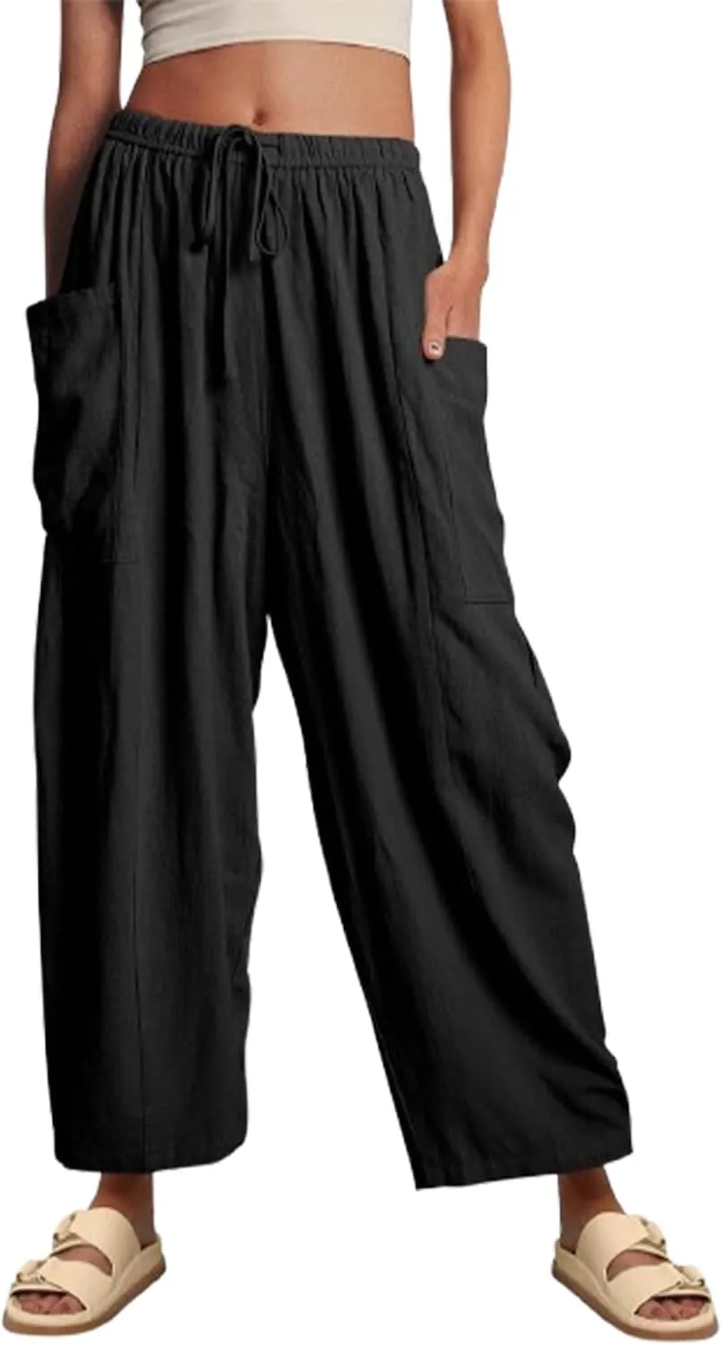 Linen Pants Casual Lightweight Loose Fit Wide Leg Harem Pants with Drawstring with Large Pockets for Home Travel Beach
