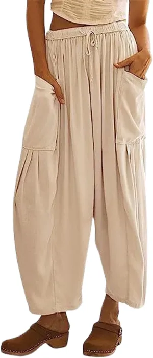 Linen Pants Casual Lightweight Loose Fit Wide Leg Harem Pants with Drawstring with Large Pockets for Home Travel Beach