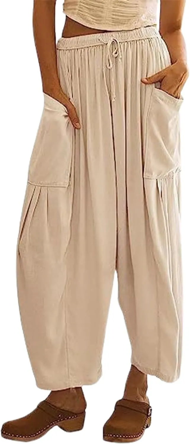 Linen Pants Casual Lightweight Loose Fit Wide Leg Harem Pants with Drawstring with Large Pockets for Home Travel Beach