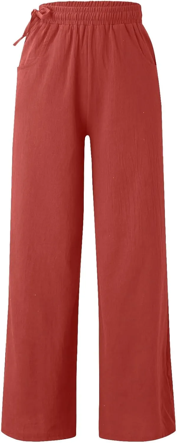 Linen Pants for Women High Waist Palazzo Wide Leg Trousers Lounge Pants Drawstring Boho Beach Pants Solid Slacks