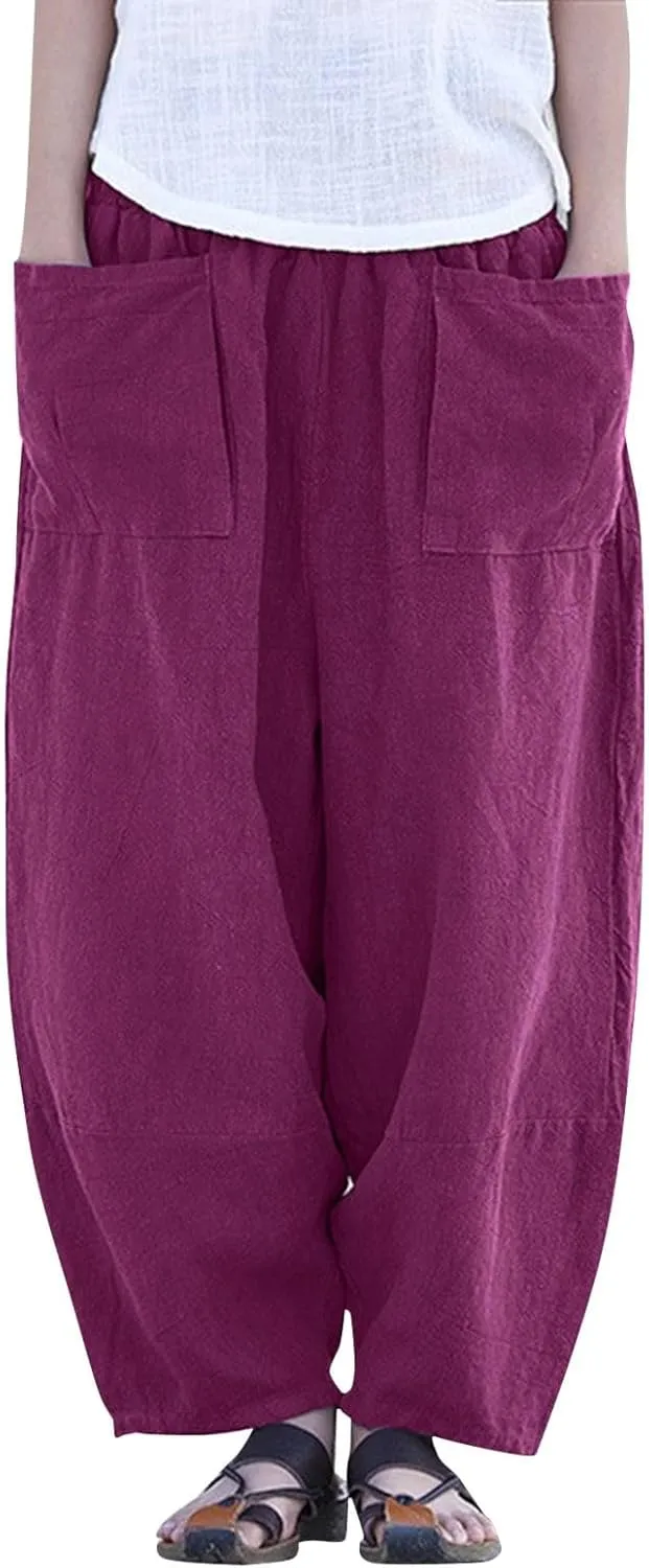 Linen Pants for Women Loose Fit 2025 Spring Outfit Summer Retro Straight Casual Wide Leg Pants Trousers with Pocket