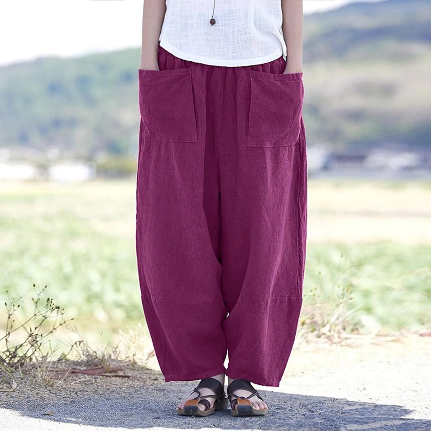 Linen Pants for Women Loose Fit 2025 Spring Outfit Summer Retro Straight Casual Wide Leg Pants Trousers with Pocket