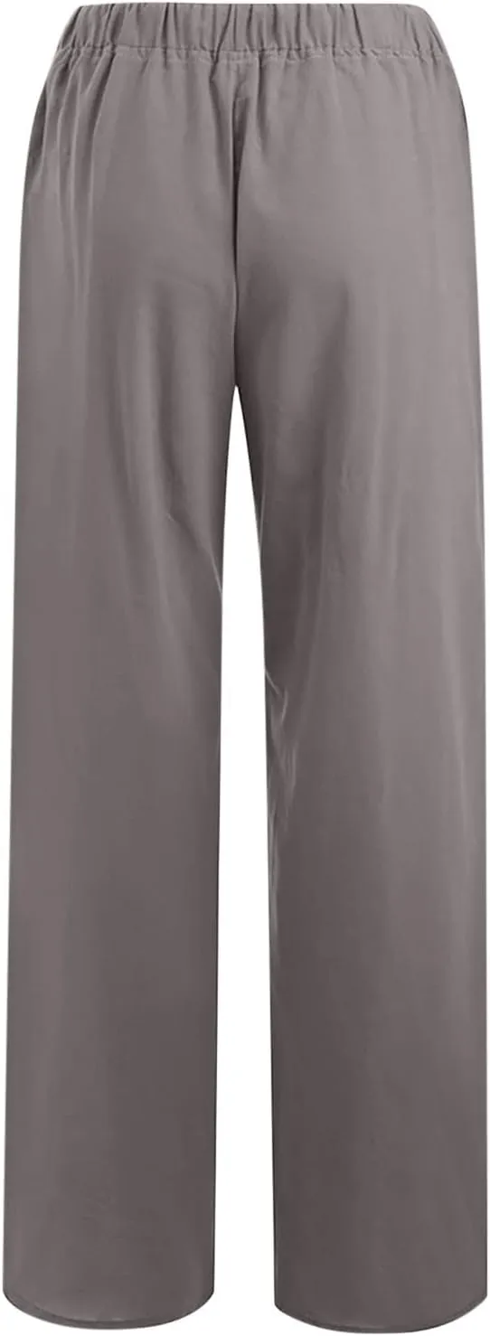 Linen Pants for Women Summer Drawstring Pockets Wide Leg Loose Casual Cotton Linen Palazzo Pants Clothes Casual
