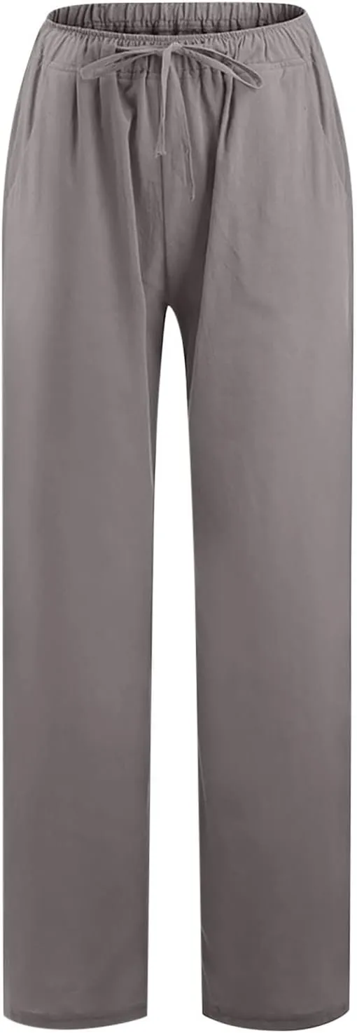 Linen Pants for Women Summer Drawstring Pockets Wide Leg Loose Casual Cotton Linen Palazzo Pants Clothes Casual