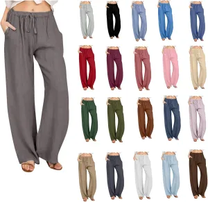 Linen Pants for Women Summer Drawstring Pockets Wide Leg Loose Casual Cotton Linen Palazzo Pants Clothes Casual