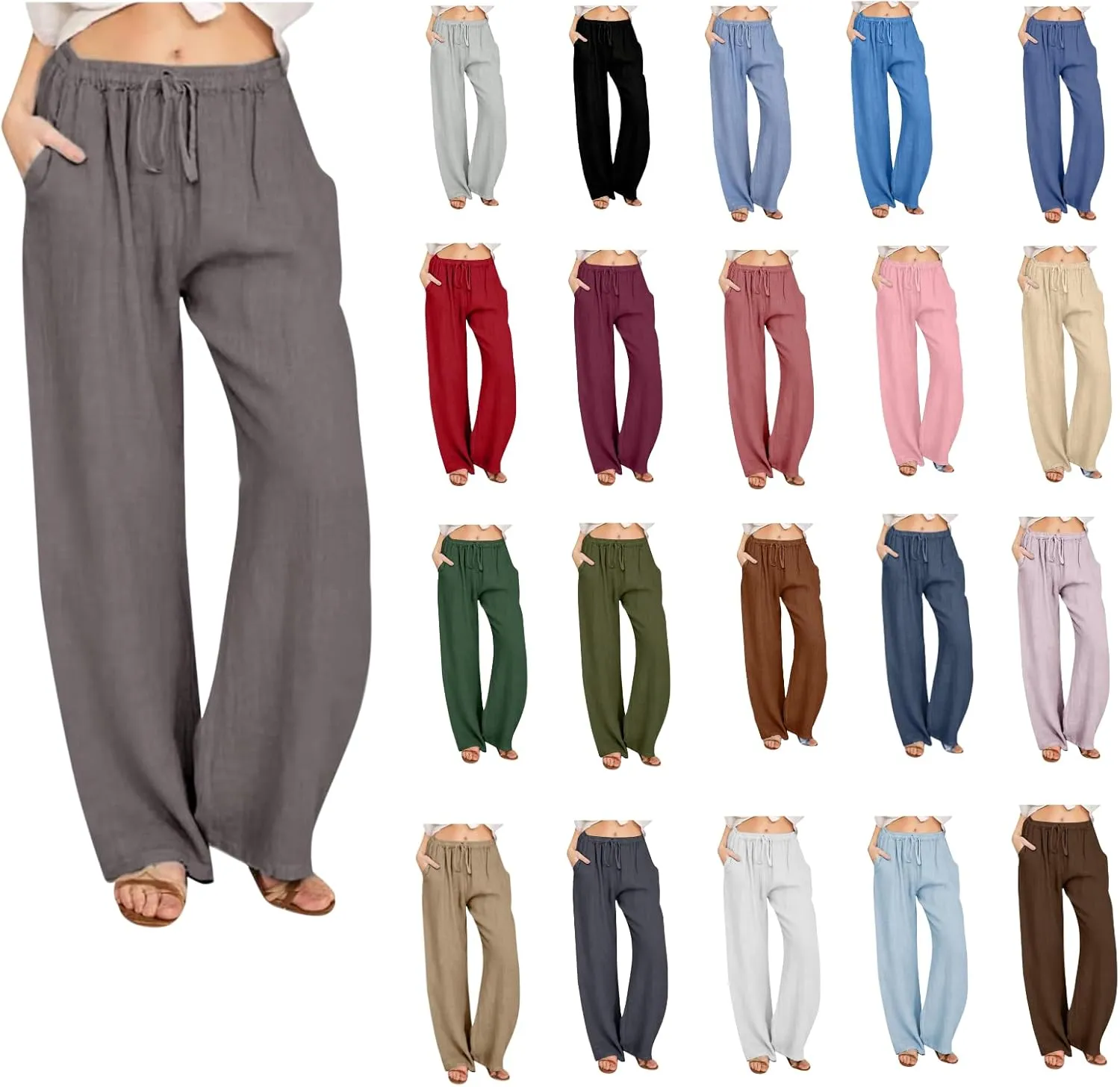 Linen Pants for Women Summer Drawstring Pockets Wide Leg Loose Casual Cotton Linen Palazzo Pants Clothes Casual