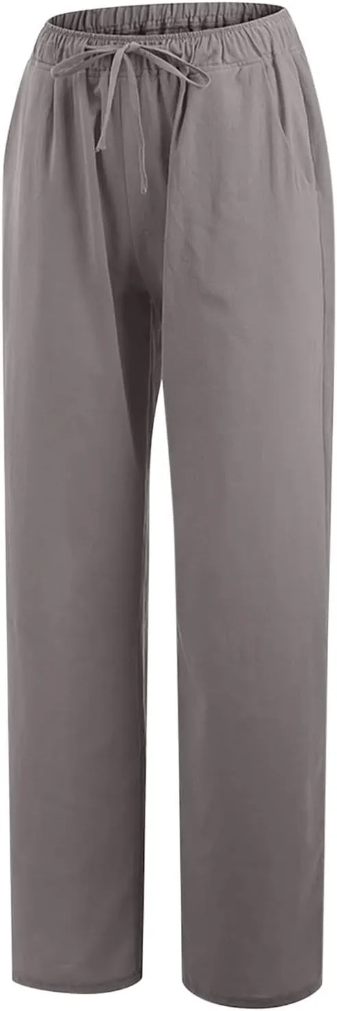 Linen Pants for Women Summer Drawstring Pockets Wide Leg Loose Casual Cotton Linen Palazzo Pants Clothes Casual