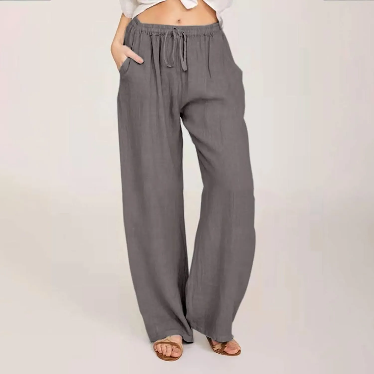 Linen Pants for Women Summer Drawstring Pockets Wide Leg Loose Casual Cotton Linen Palazzo Pants Clothes Casual