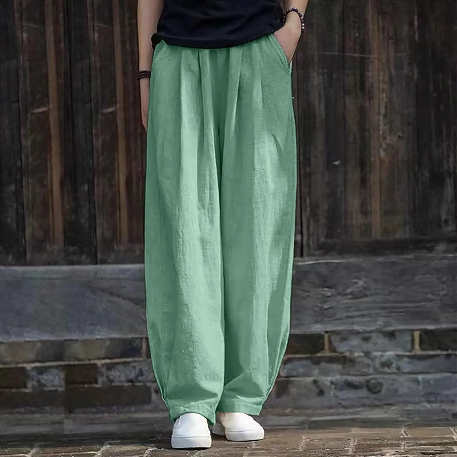 Linen Pants Women High Waist Drawstring Casual Palazzo Pant Wide Leg Side Slit Pant Loose Beach Cropped Trouser