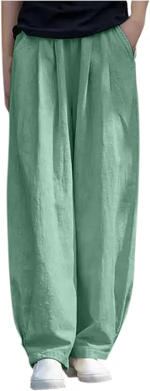Linen Pants Women High Waist Drawstring Casual Palazzo Pant Wide Leg Side Slit Pant Loose Beach Cropped Trouser