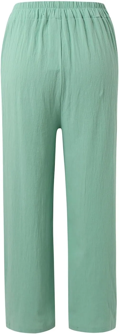 Linen Pants Women High Waist Drawstring Casual Palazzo Pant Wide Leg Side Slit Pant Loose Beach Cropped Trouser