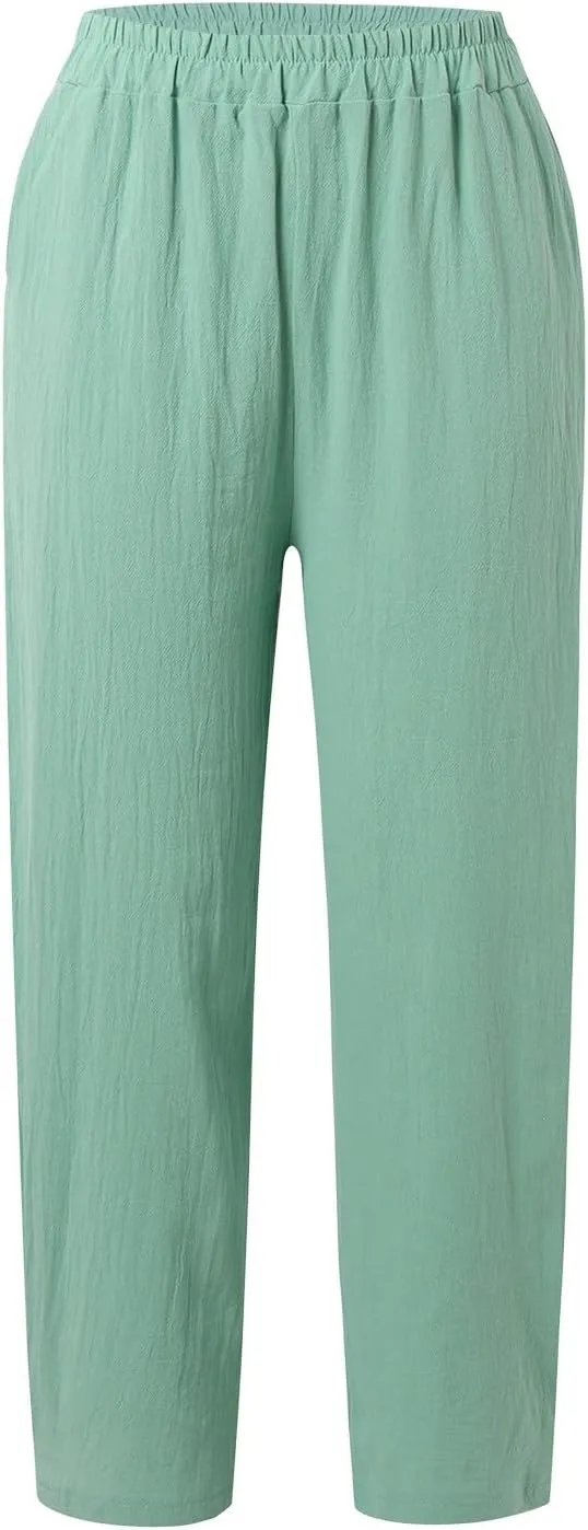 Linen Pants Women High Waist Drawstring Casual Palazzo Pant Wide Leg Side Slit Pant Loose Beach Cropped Trouser