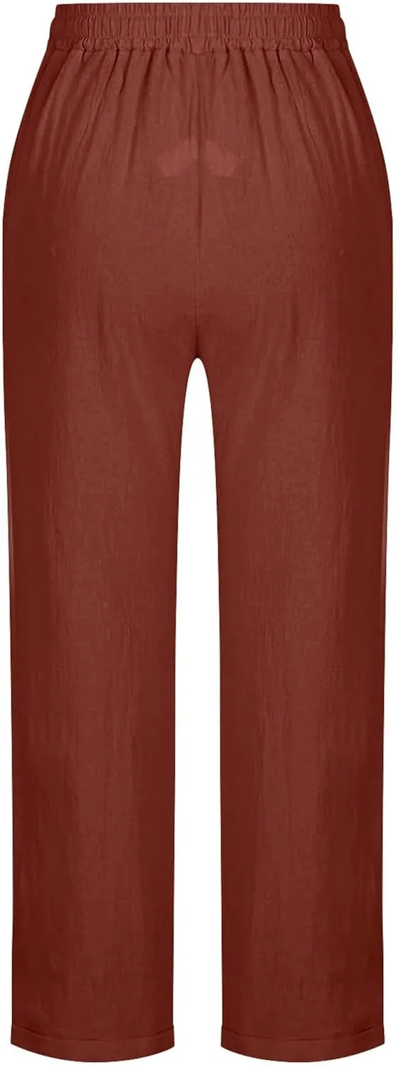 Linen Pants Women Solid Color Loose Fit Straight Leg Drawstring Trousers Lounge Beach Summer Pants with Pockets