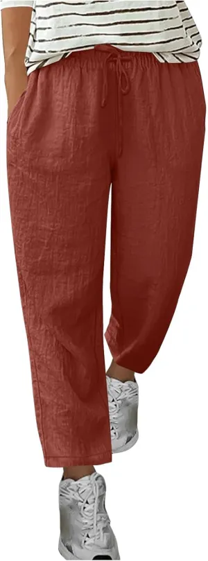 Linen Pants Women Solid Color Loose Fit Straight Leg Drawstring Trousers Lounge Beach Summer Pants with Pockets