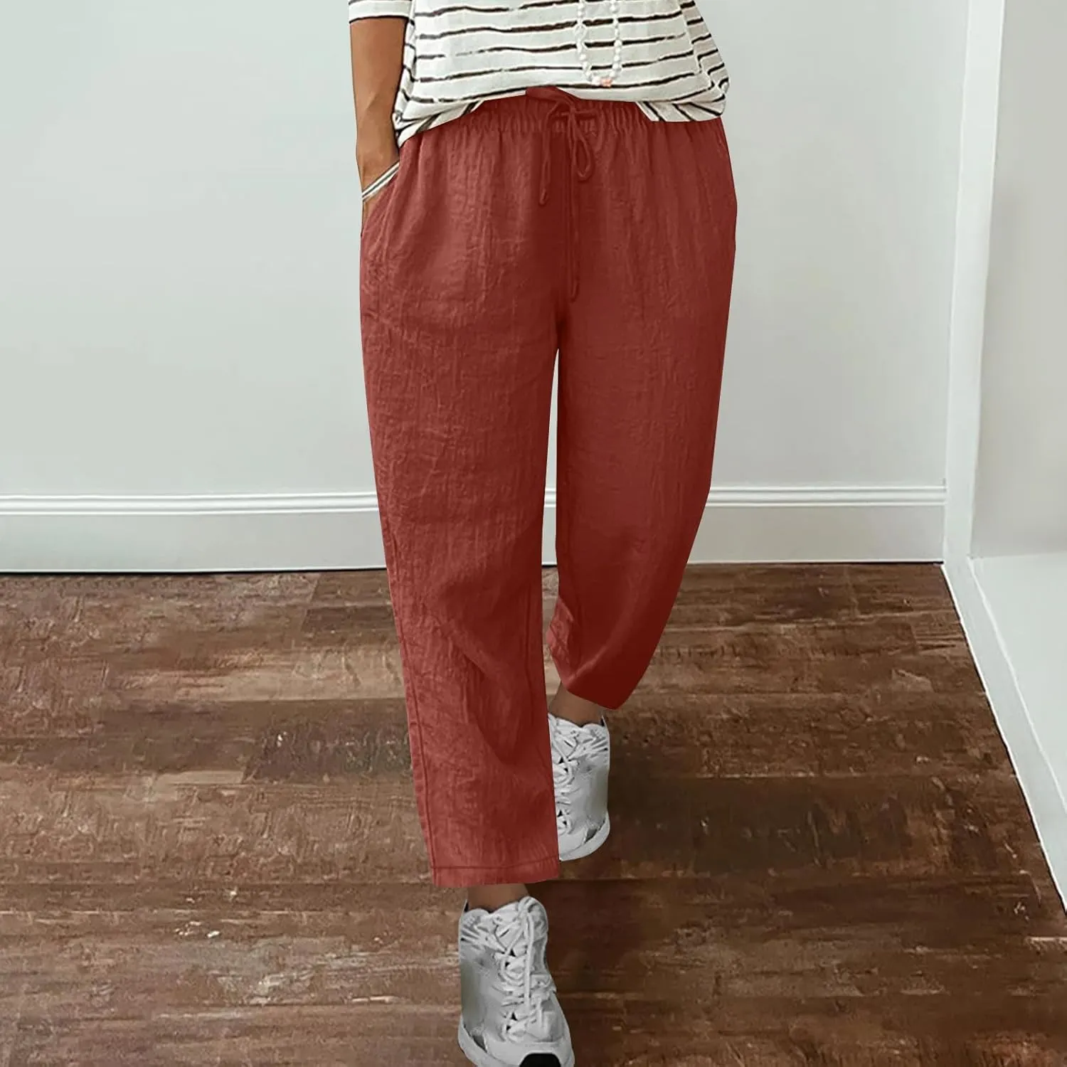 Linen Pants Women Solid Color Loose Fit Straight Leg Drawstring Trousers Lounge Beach Summer Pants with Pockets