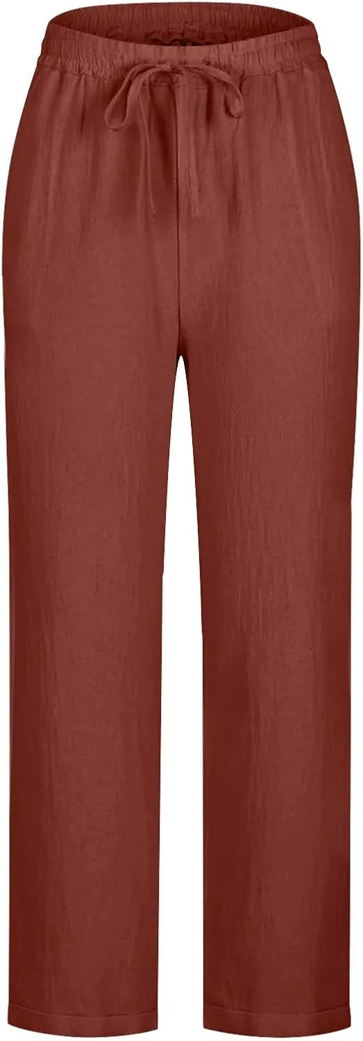Linen Pants Women Solid Color Loose Fit Straight Leg Drawstring Trousers Lounge Beach Summer Pants with Pockets