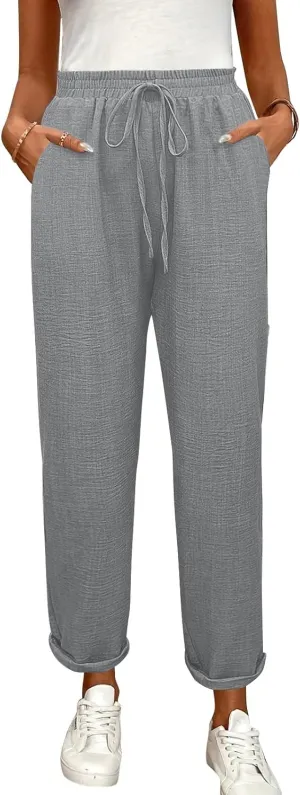 Linen Pants Women Summer Drawstring Elastic High Waisted Pants Tapered Wide Leg Pant Cropped Lounge Pant