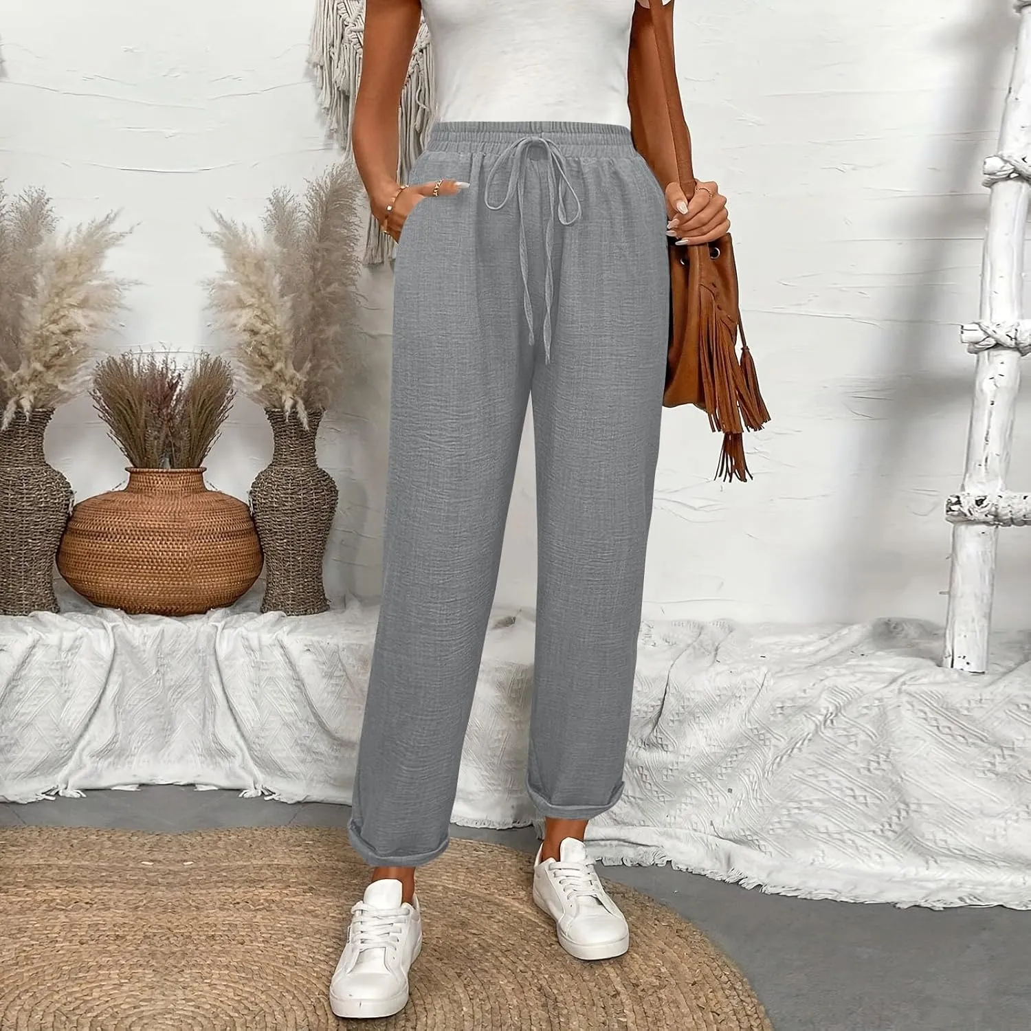 Linen Pants Women Summer Drawstring Elastic High Waisted Pants Tapered Wide Leg Pant Cropped Lounge Pant