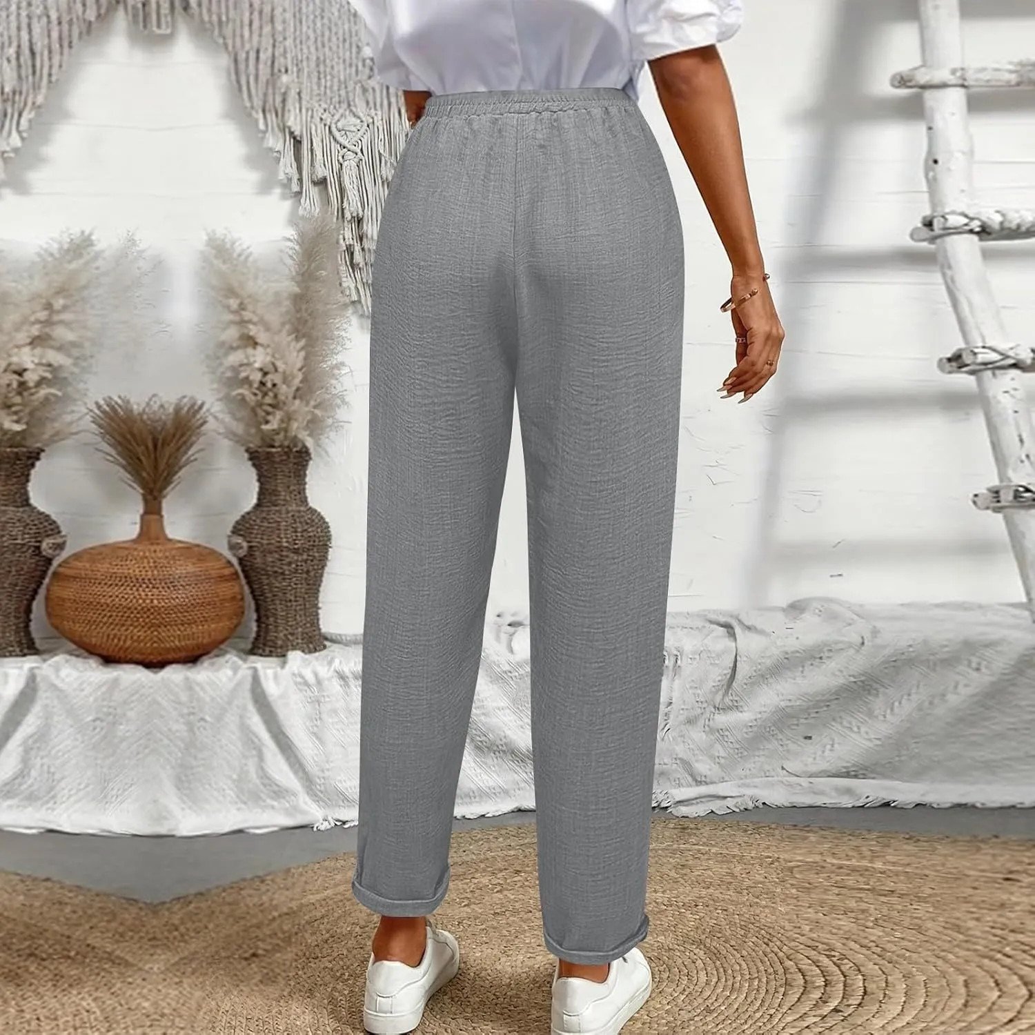 Linen Pants Women Summer Drawstring Elastic High Waisted Pants Tapered Wide Leg Pant Cropped Lounge Pant