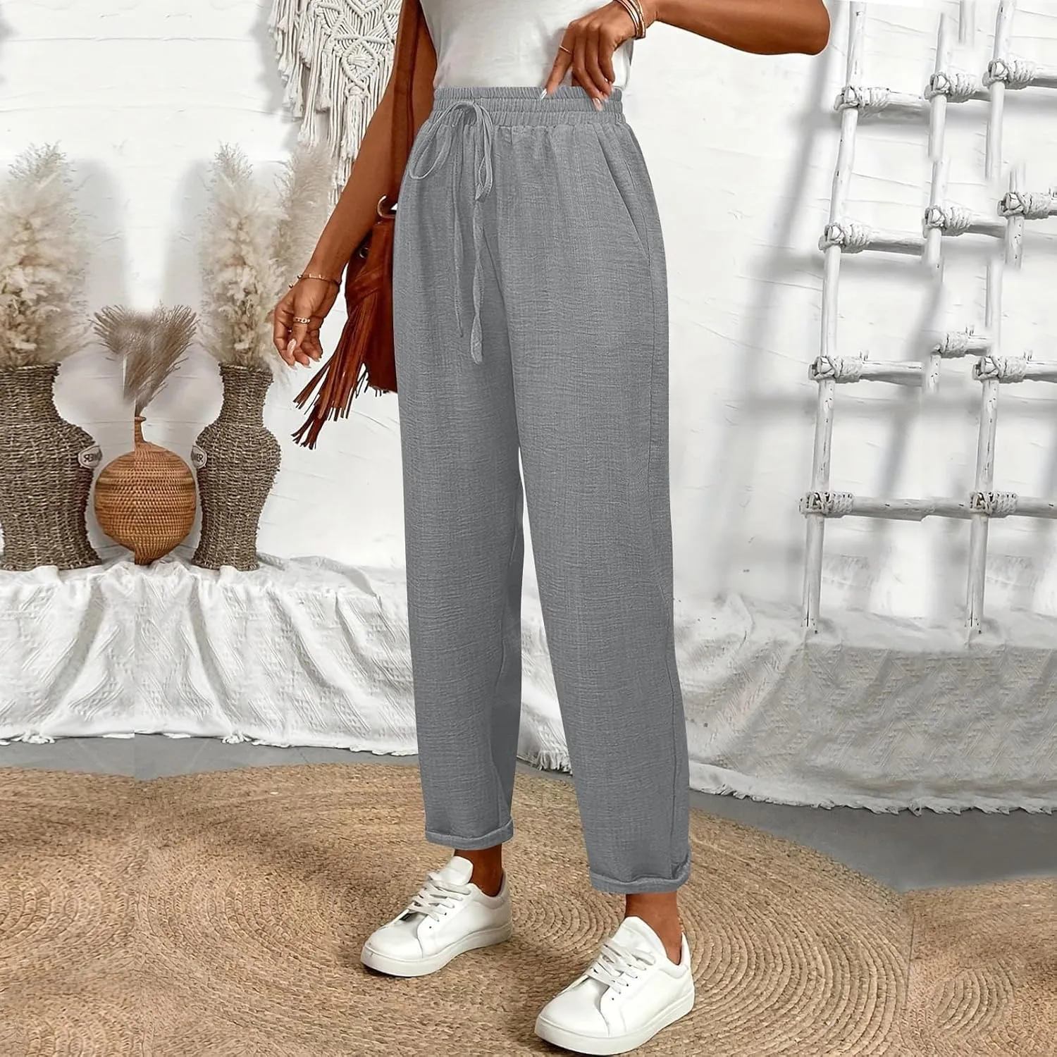 Linen Pants Women Summer Drawstring Elastic High Waisted Pants Tapered Wide Leg Pant Cropped Lounge Pant